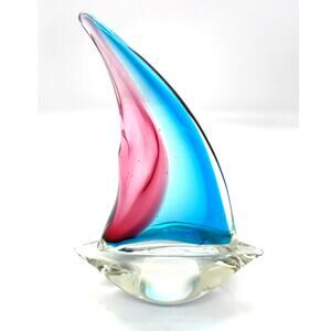 Art Glass Sailboat Blue Red & Clear Nautical Ocean Paperweight 7.5"